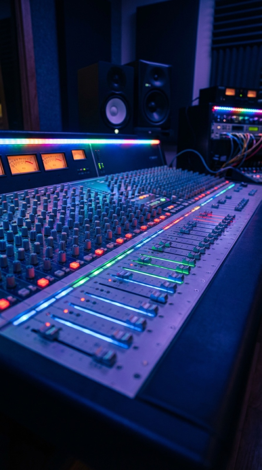 Audio mixing console with illuminated faders