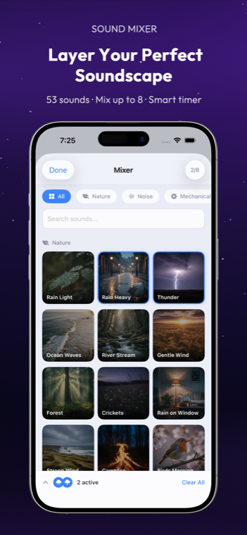 Drowze 8-track sound mixer with scenic tiles for rain, thunder, forest, ocean