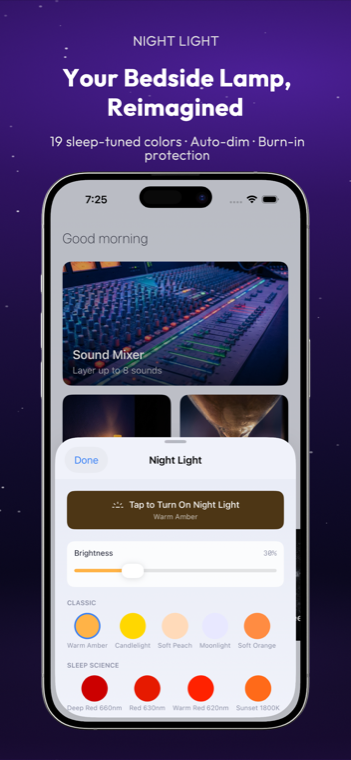 Drowze night light with 19 sleep-science colors and brightness slider