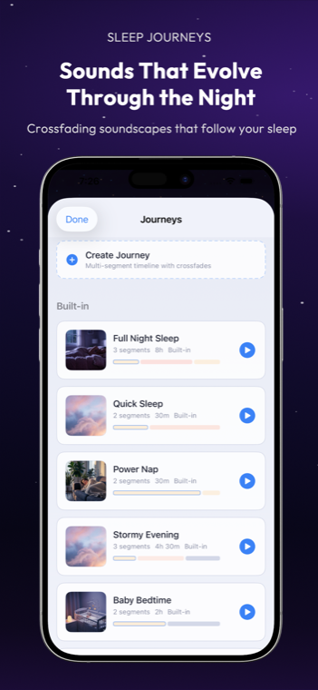 Drowze Sleep Journeys list with built-in multi-segment timelines
