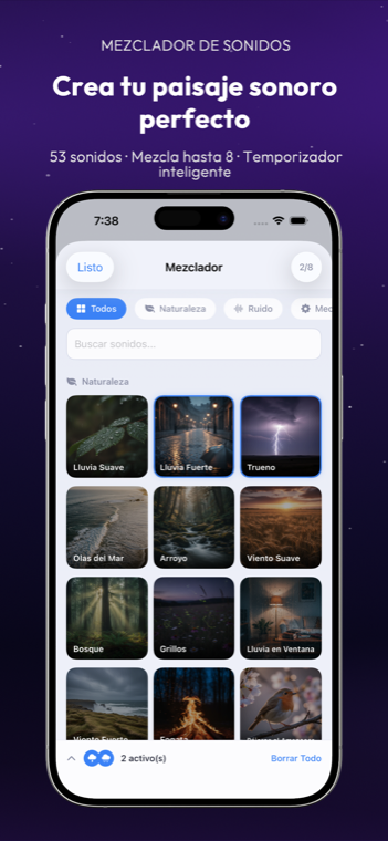 Drowze 8-track sound mixer with scenic tiles for rain, thunder, forest, ocean