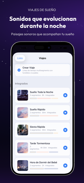 Drowze Viajes de Sueño list with built-in multi-segment timelines