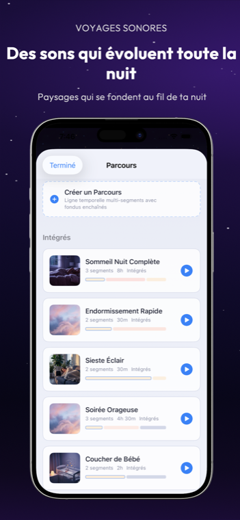 Drowze Parcours de Sommeil list with built-in multi-segment timelines